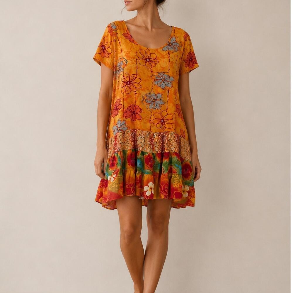 Jams World Sun Grid Hattie Mini Dress Floral Tiered Dress XL Art Hawaiian